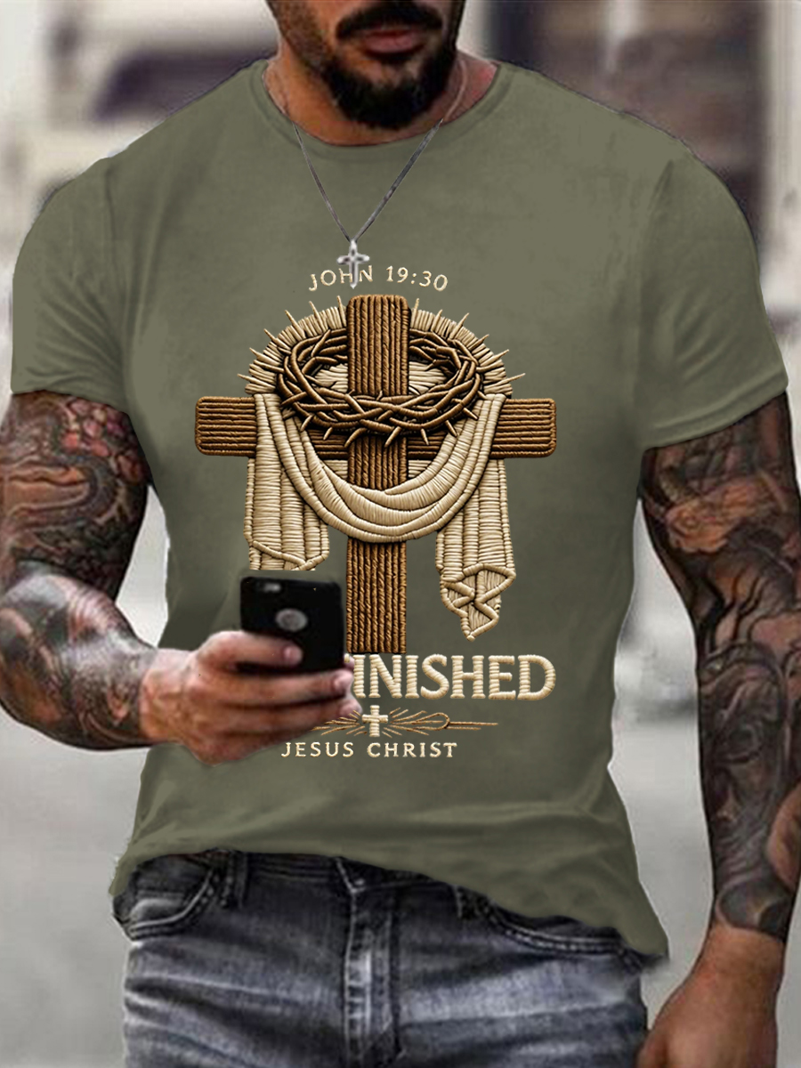 Men's He Is Risen It’s Finished Jesus Christian Cross Print Casual Tee