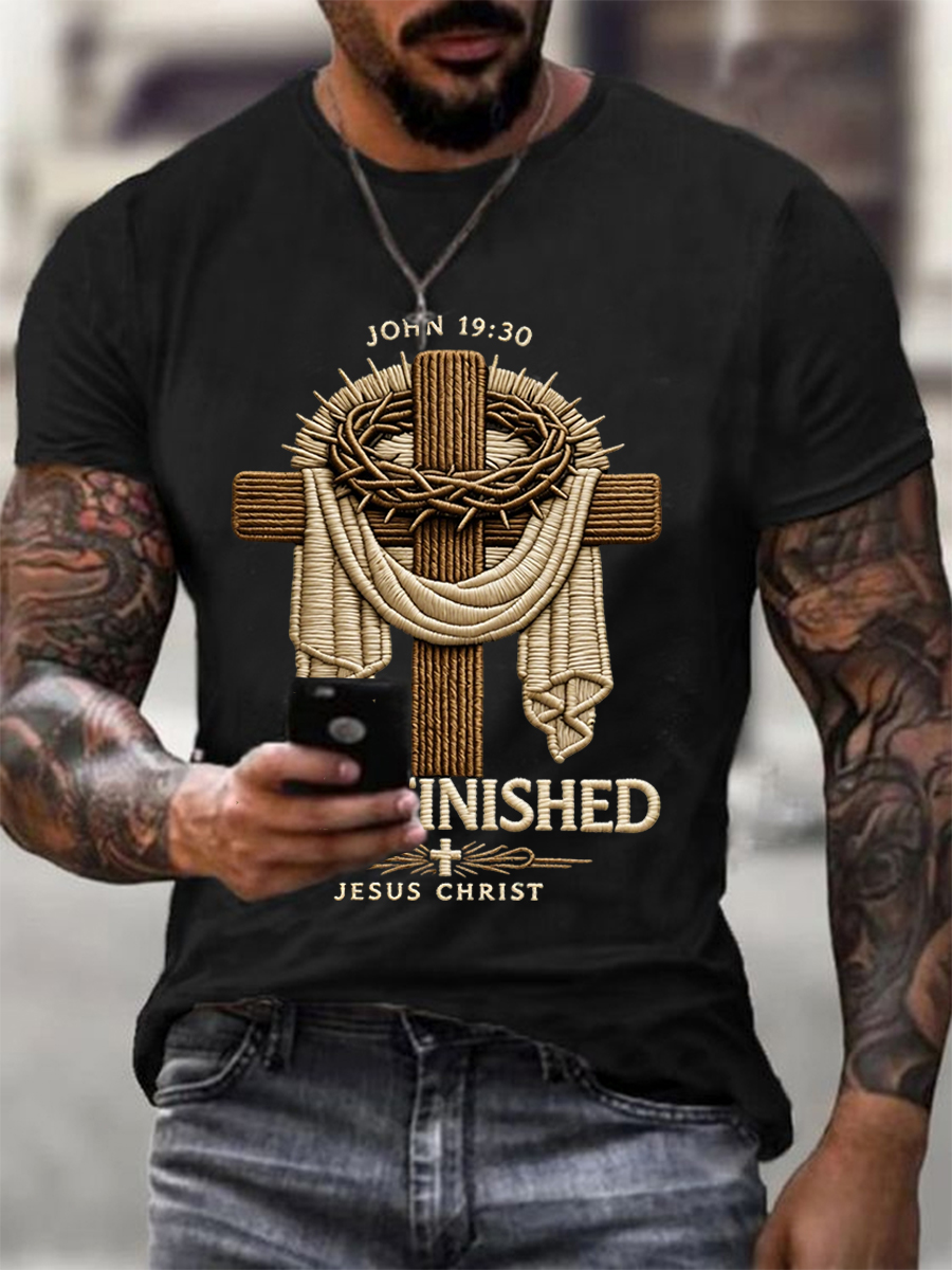 Men's He Is Risen It’s Finished Jesus Christian Cross Print Casual Tee