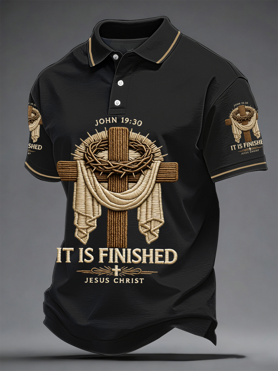 Men's He Is Risen It’s Finished Jesus Christian Cross Print Casual Polo