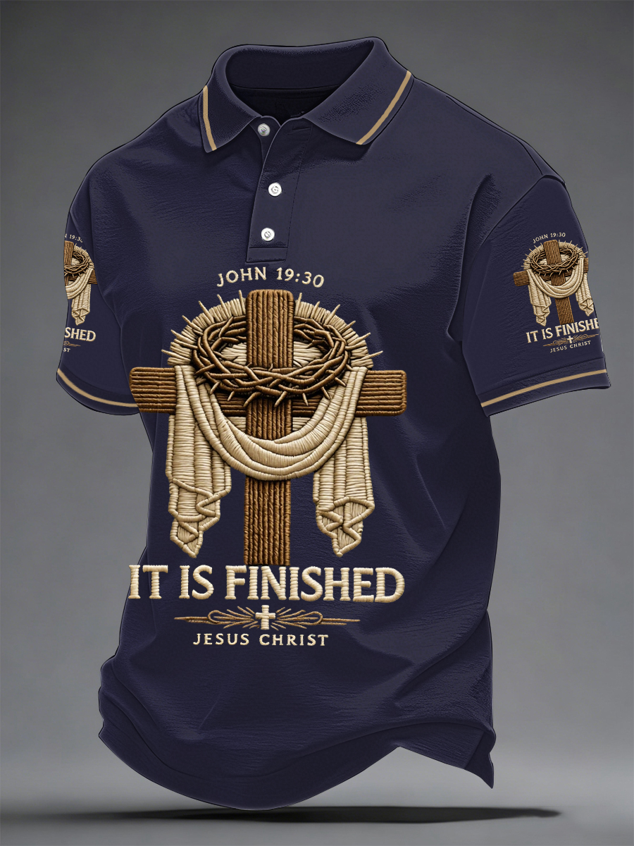 Men's He Is Risen It’s Finished Jesus Christian Cross Print Casual Polo