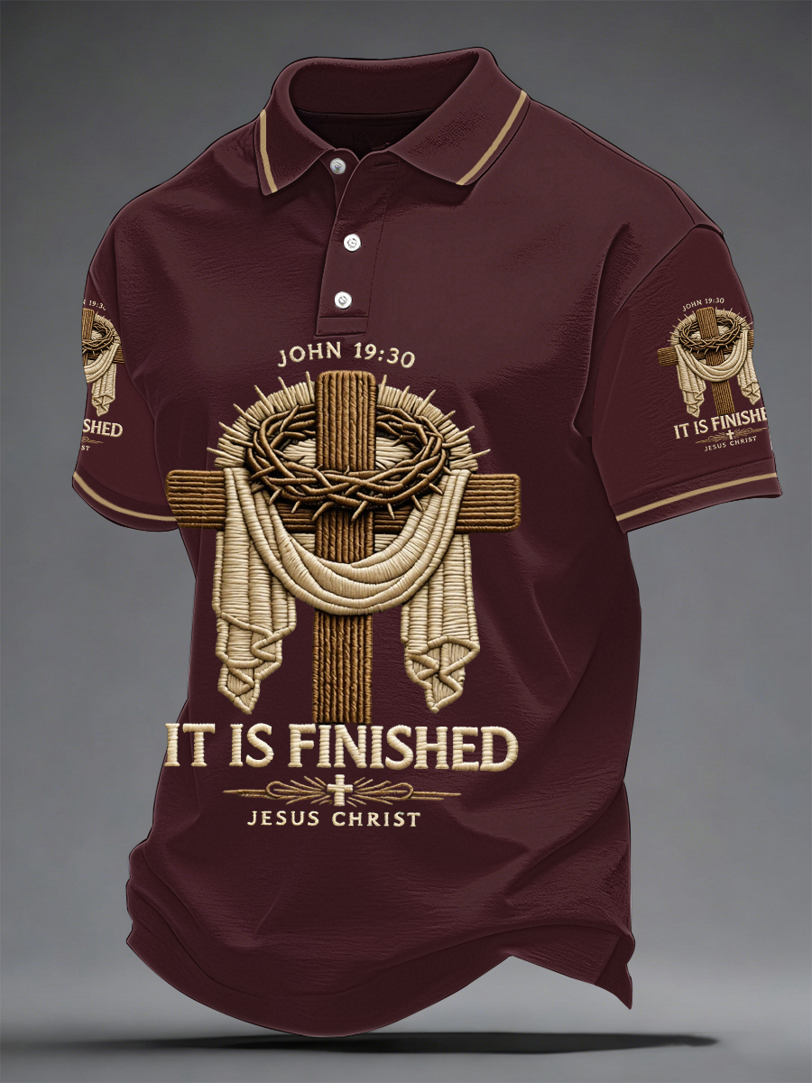 Men's He Is Risen It’s Finished Jesus Christian Cross Print Casual Polo