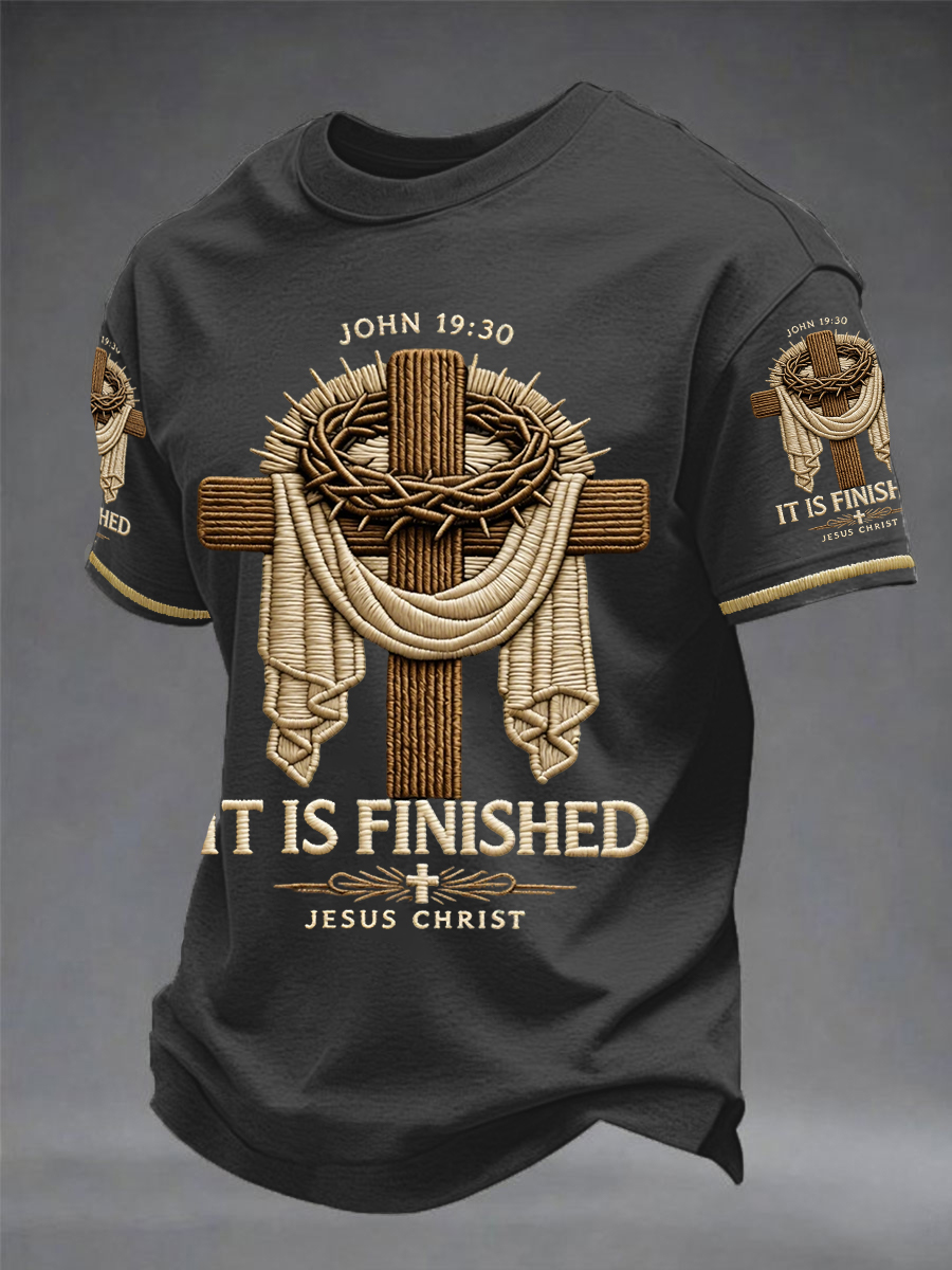 Men's He Is Risen It’s Finished Easter Jesus Christian Cross Print Casual Tee