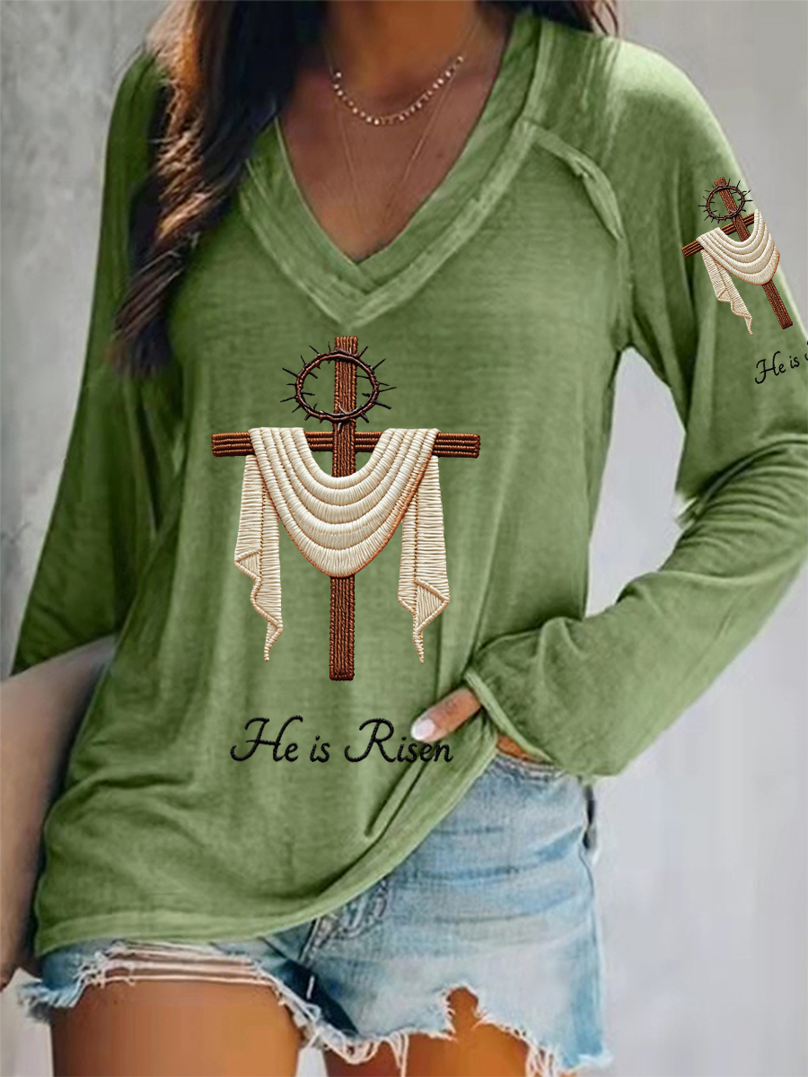 Women's He Is Risen Jesus Christian Cross Print Casual V-Neck Long-Sleeve T-Shirt