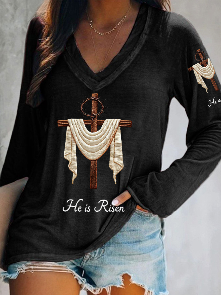 Women's He Is Risen Jesus Christian Cross Print Casual V-Neck Long-Sleeve T-Shirt