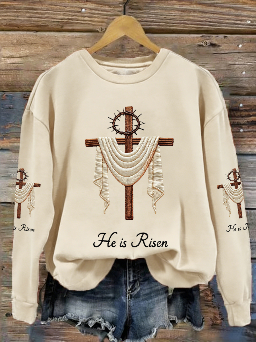 Women's He Is Risen Jesus Christian Cross Print Casual Sweatshirt