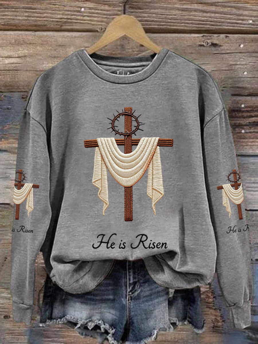 Women's He Is Risen Jesus Christian Cross Print Casual Sweatshirt