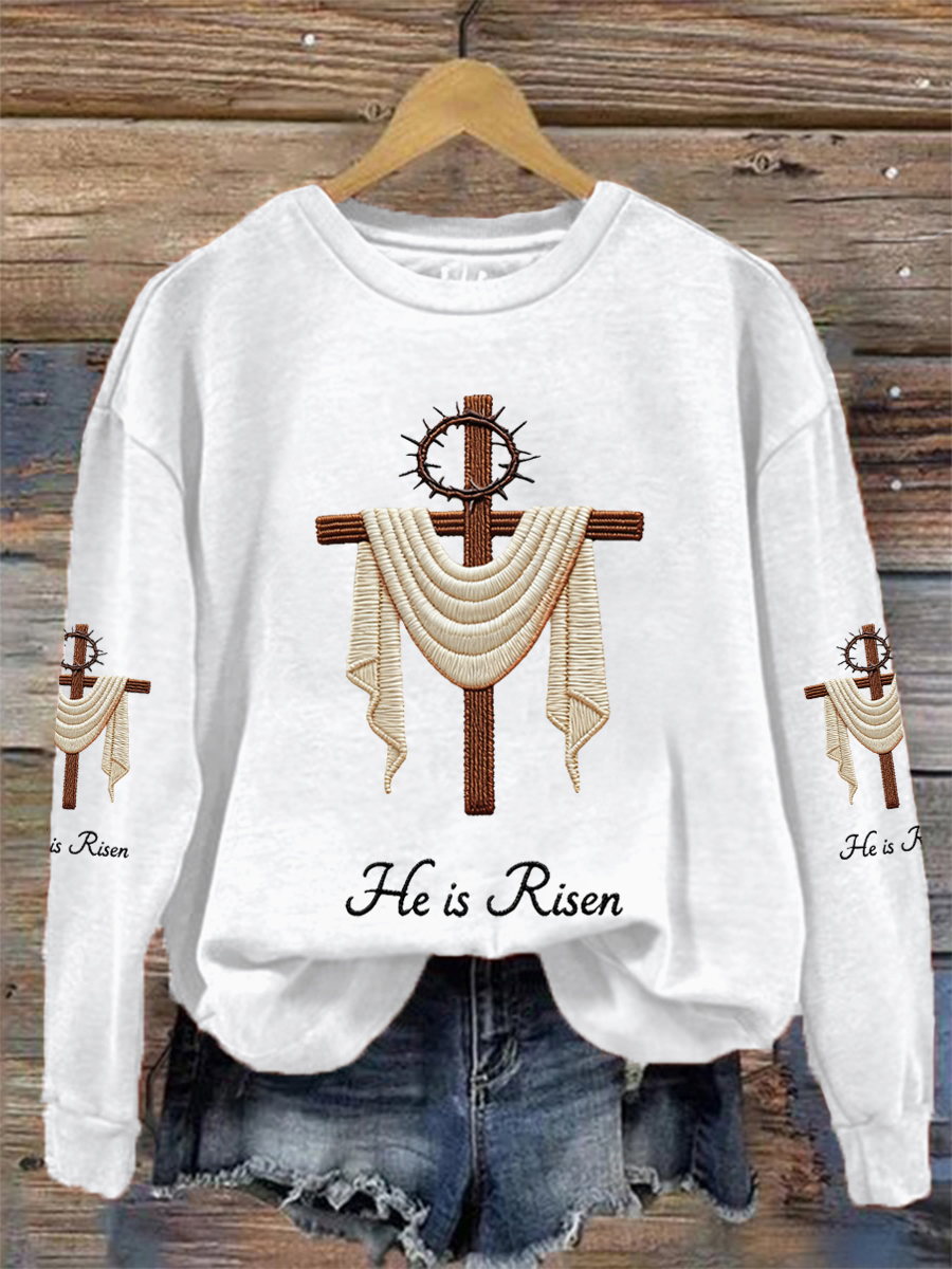 Women's He Is Risen Jesus Christian Cross Print Casual Sweatshirt