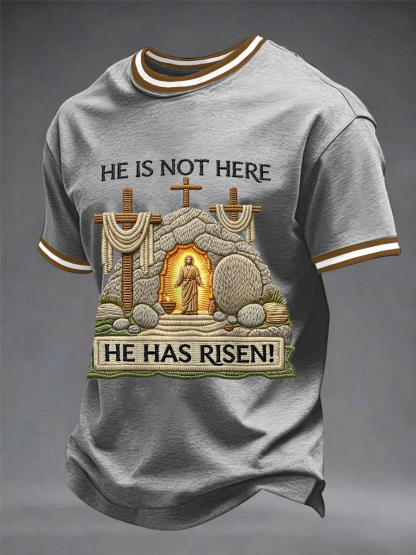 Men's He Is Not Here He Has Risen Easter Jesus Christian Cross Print Casual Tee