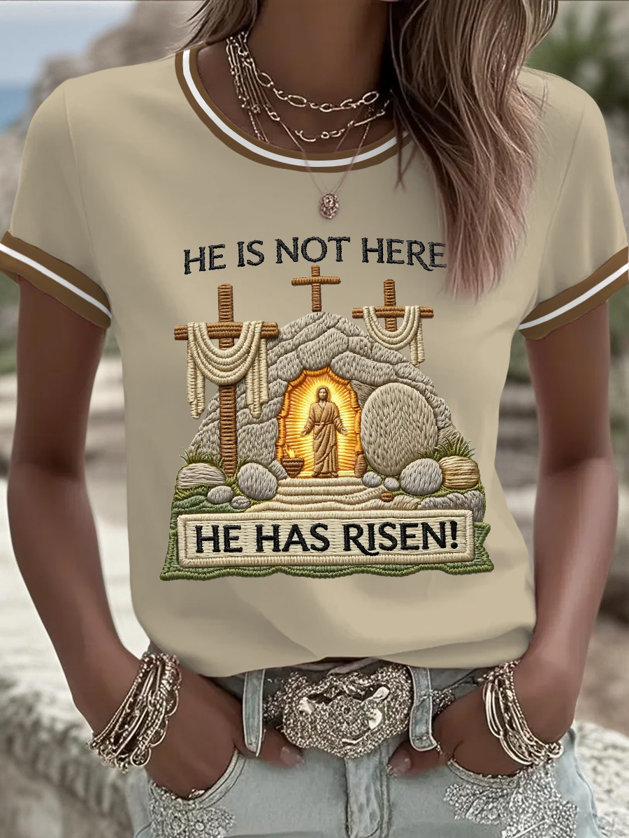 Women's He Is Not Here He Has Risen! Jesus Christian Cross Print Casual Tee