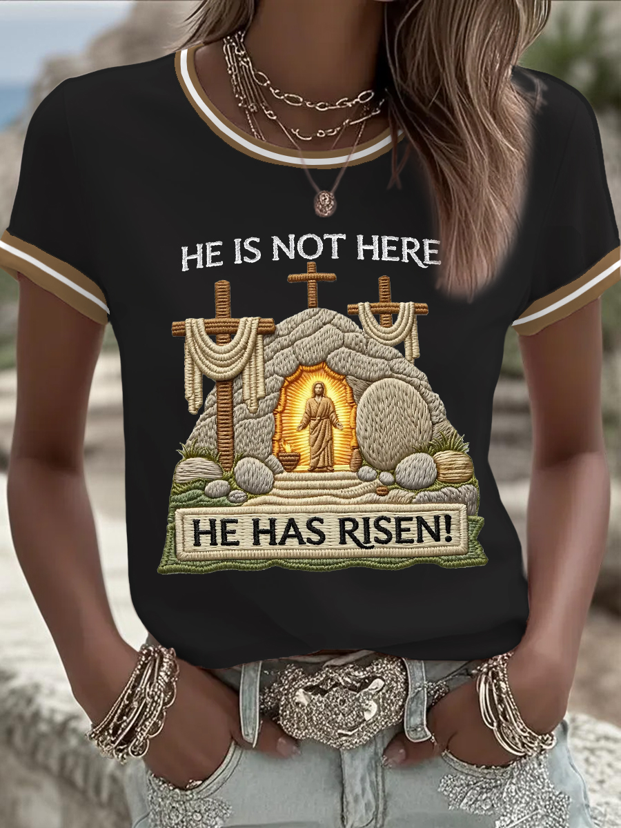 Women's He Is Not Here He Has Risen! Jesus Christian Cross Print Casual Tee