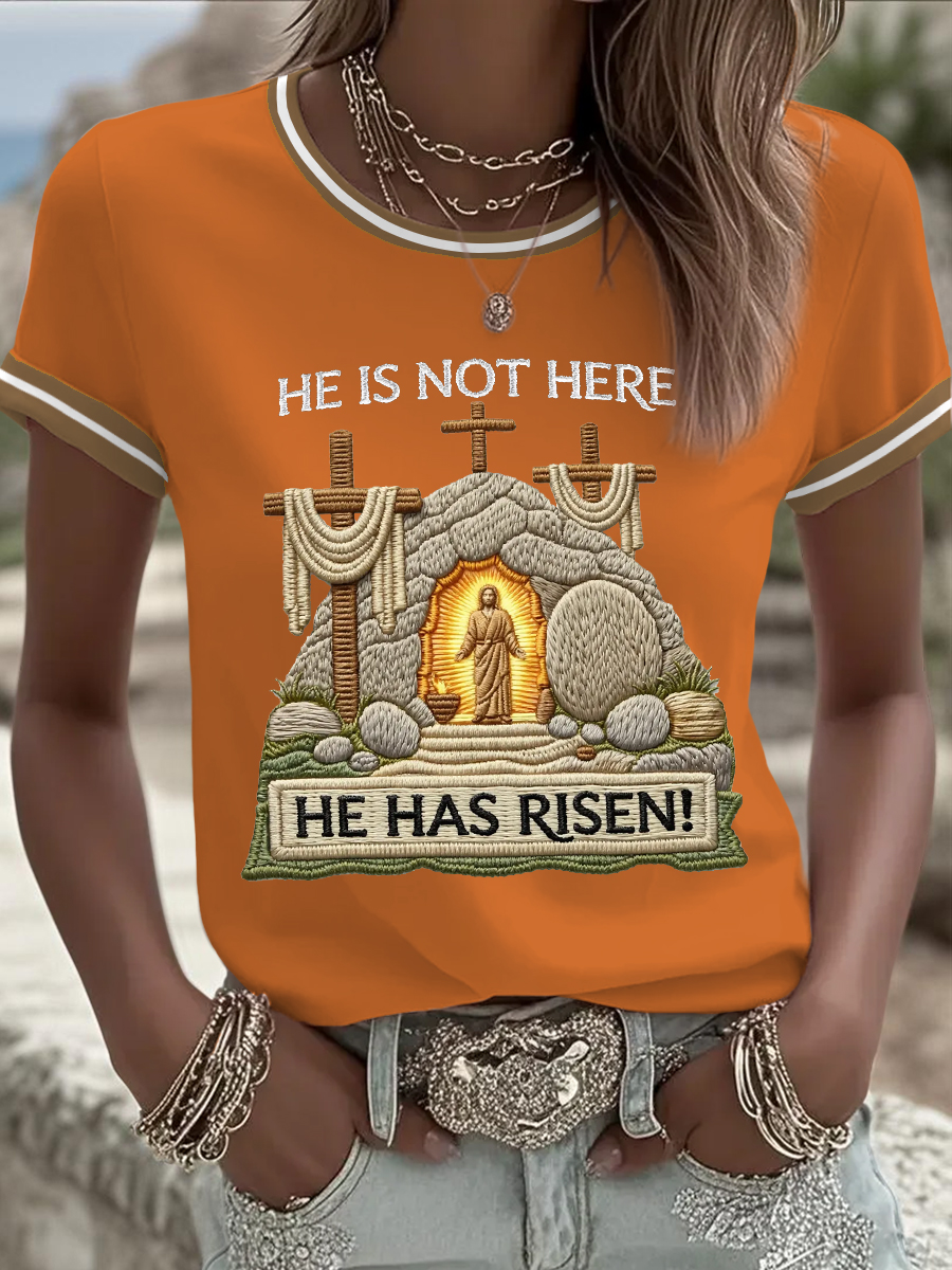 Women's He Is Not Here He Has Risen! Jesus Christian Cross Print Casual Tee
