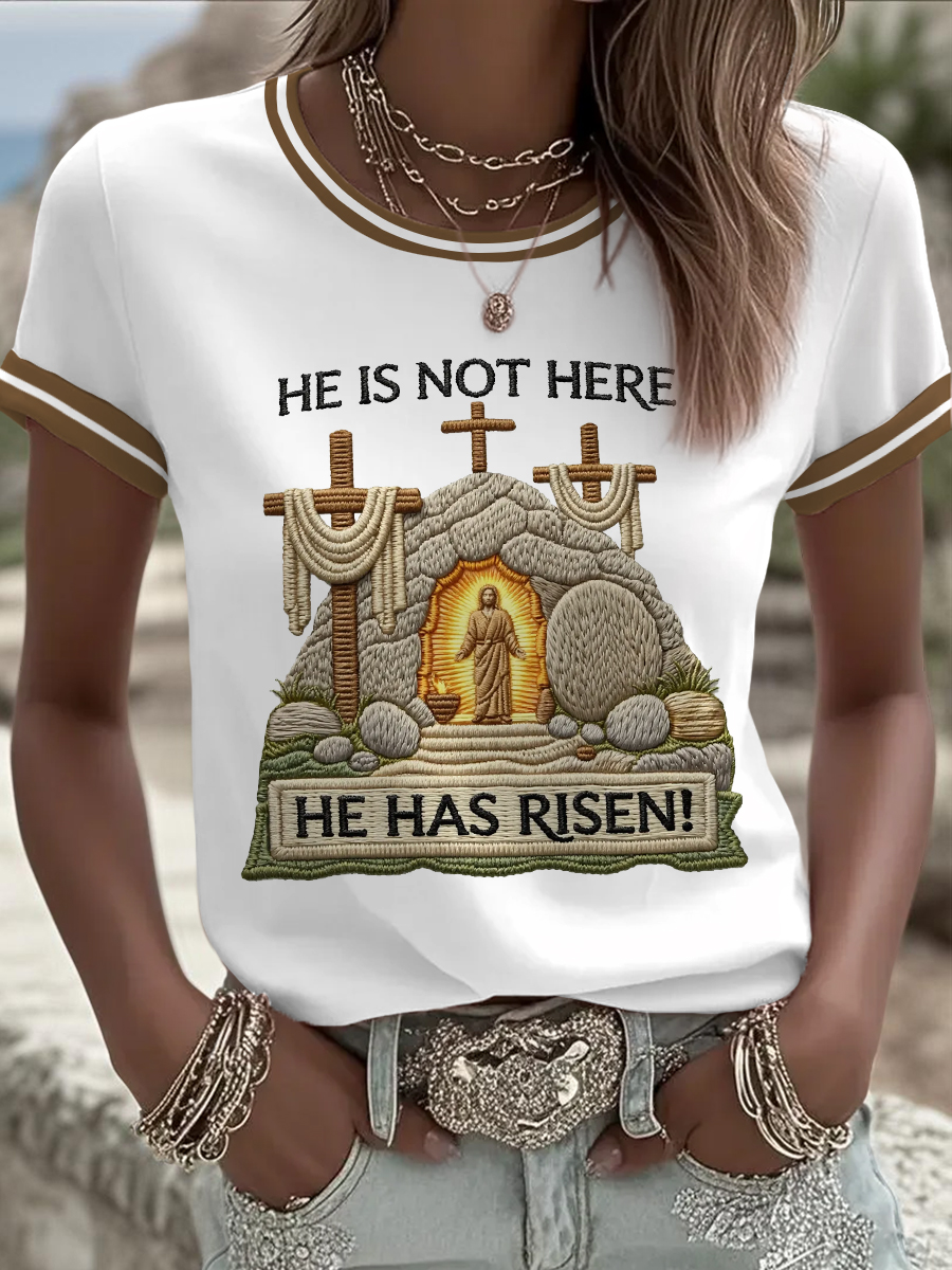 Women's He Is Not Here He Has Risen! Jesus Christian Cross Print Casual Tee