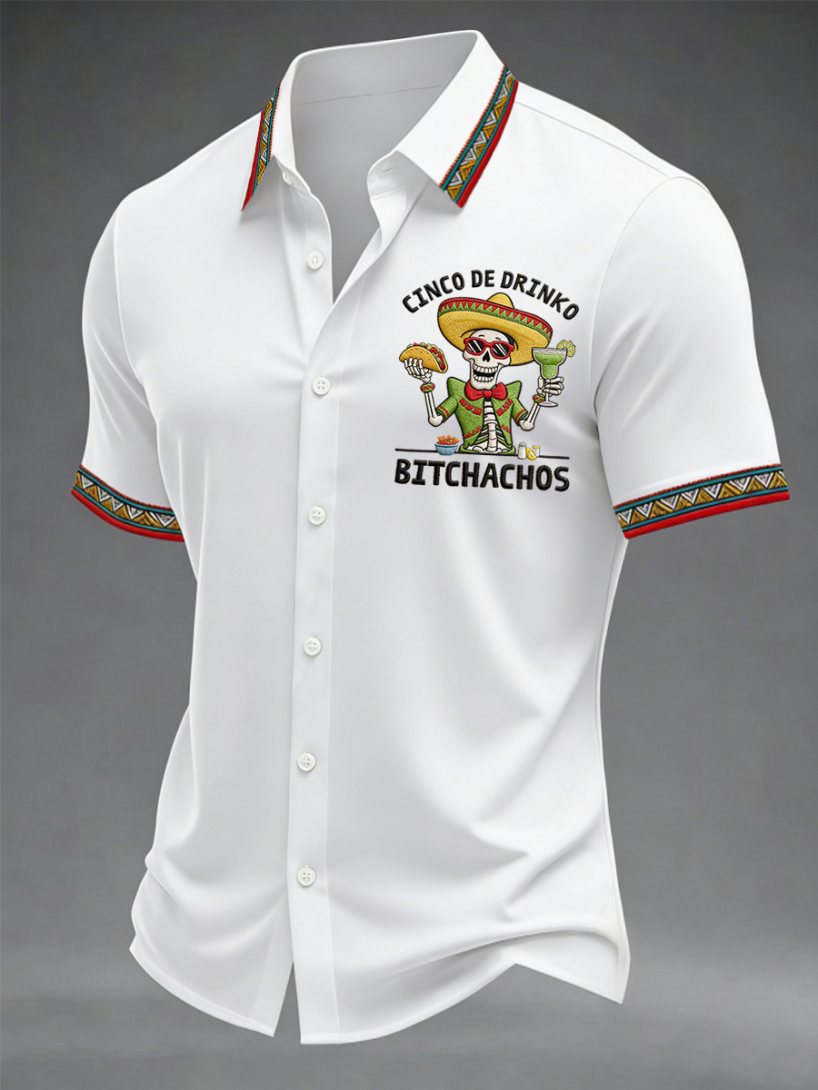 Men's Funny Cinco De Drinko Bitchachos Skeleton Print Casual Short Sleeve Shirt