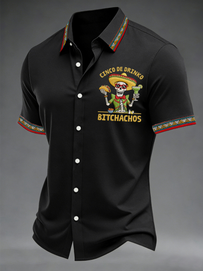 Men's Funny Cinco De Drinko Bitchachos Skeleton Print Casual Short Sleeve Shirt