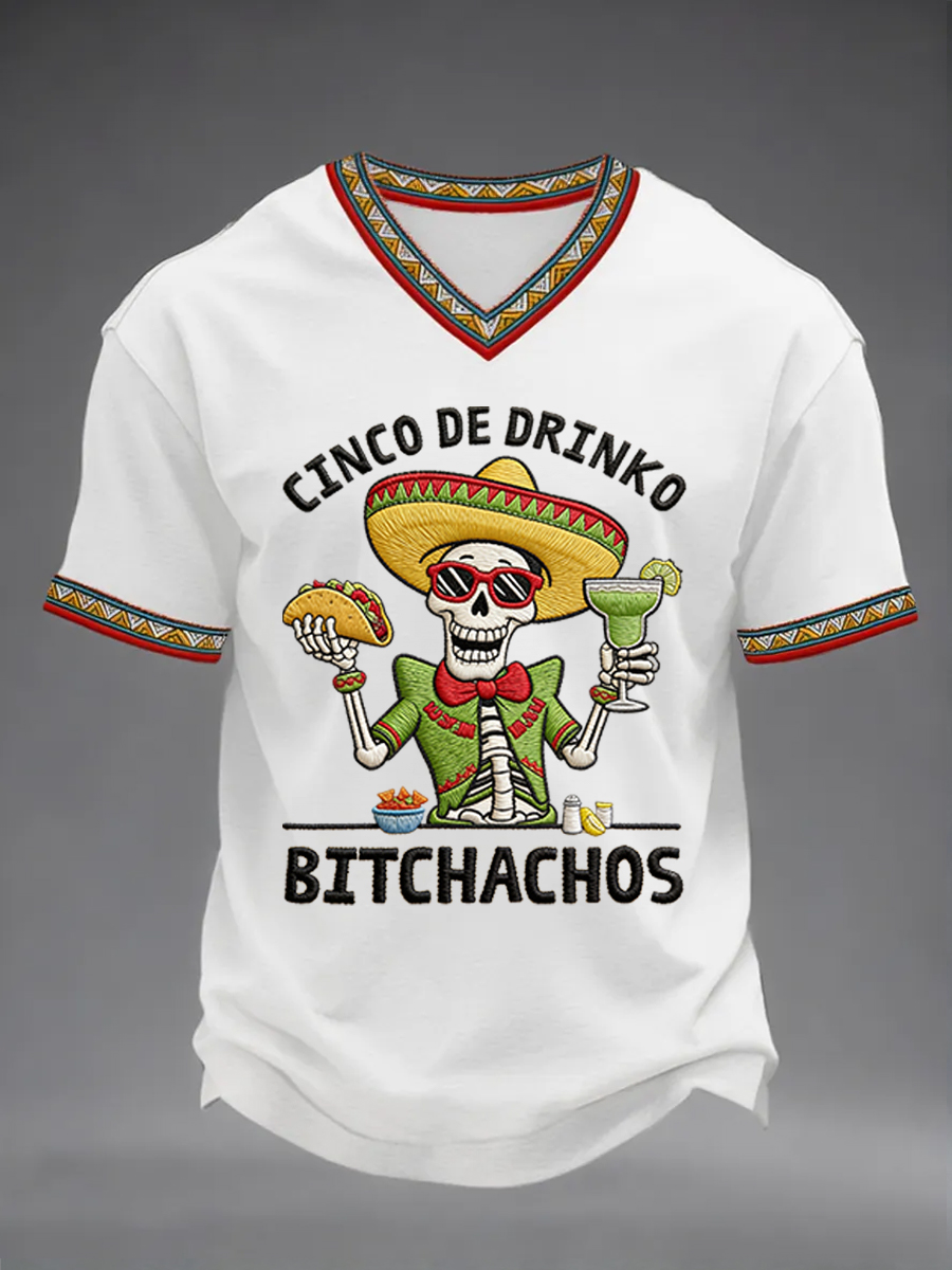 Men's Funny Cinco De Drinko Bitchachos Skeleton Print Casual V-Neck Tee