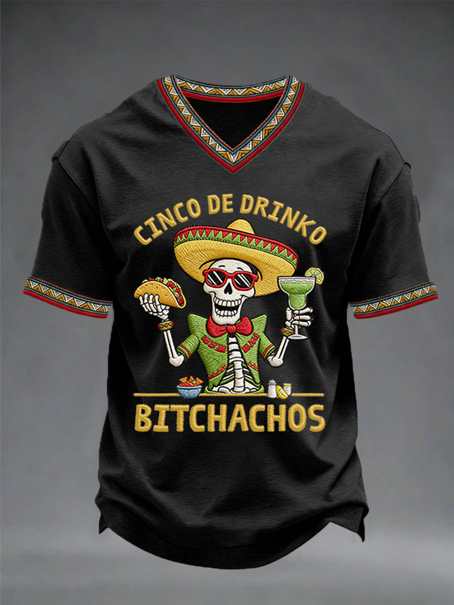 Men's Funny Cinco De Drinko Bitchachos Skeleton Print Casual V-Neck Tee