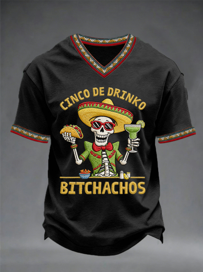 Men's Funny Cinco De Drinko Bitchachos Skeleton Print Casual V-Neck Tee