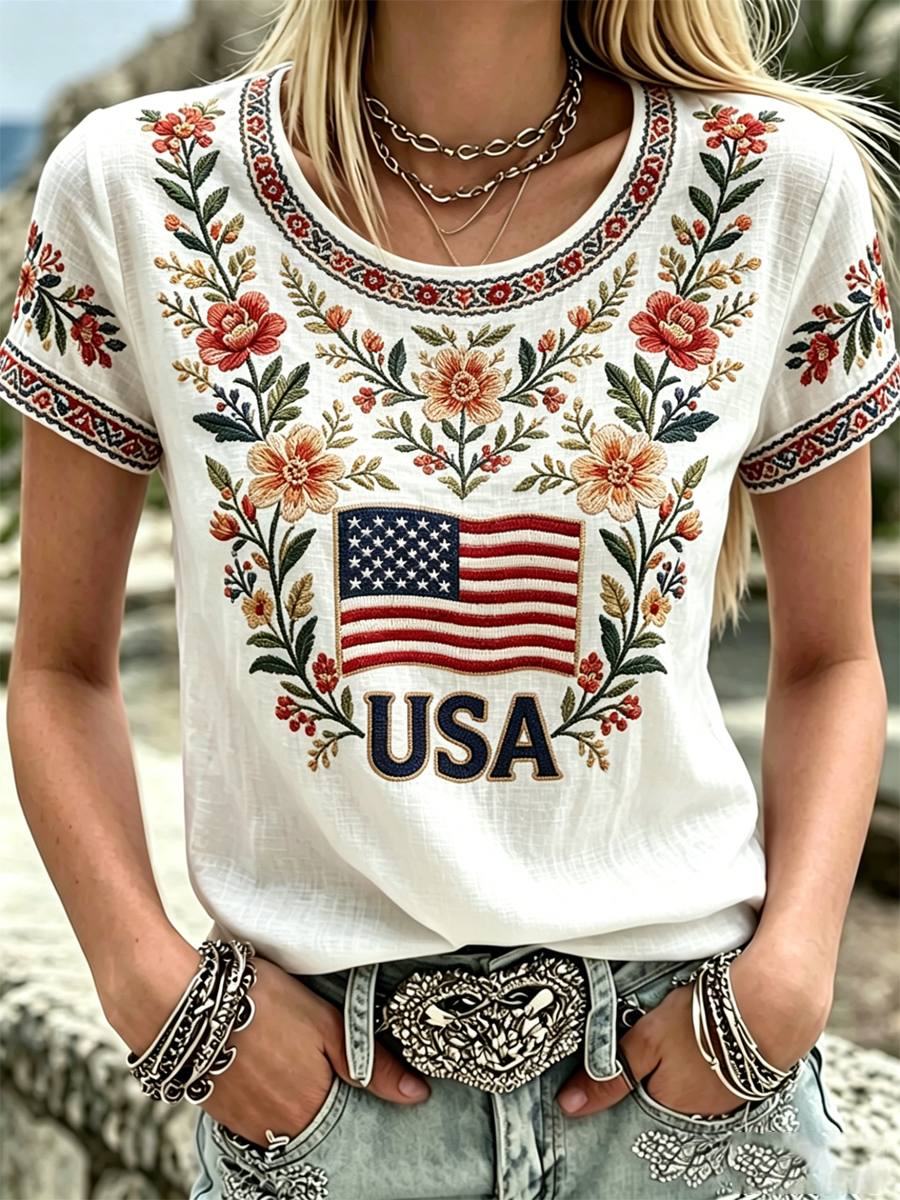 Women's America Floral Print Casual T-Shirt