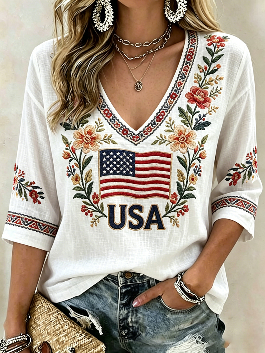 Women's America Floral Print Casual T-shirt