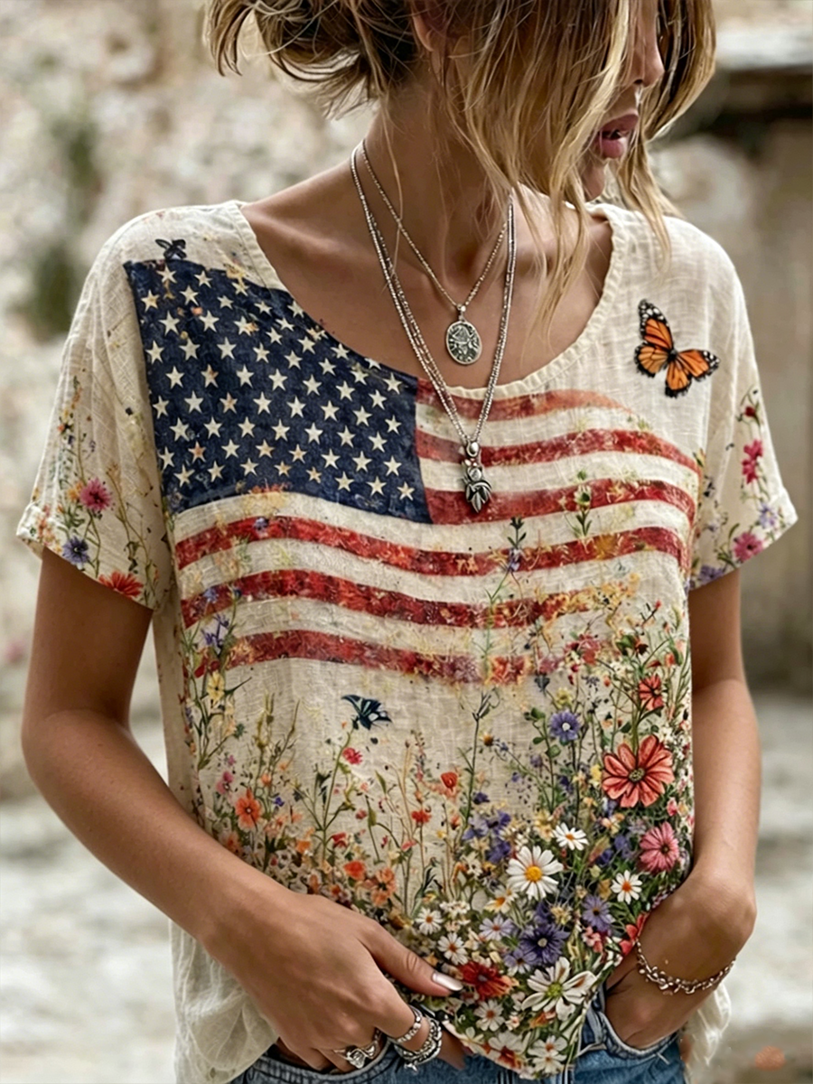 Women's National Flag Flower Lnen Short-sleeved T-shirt