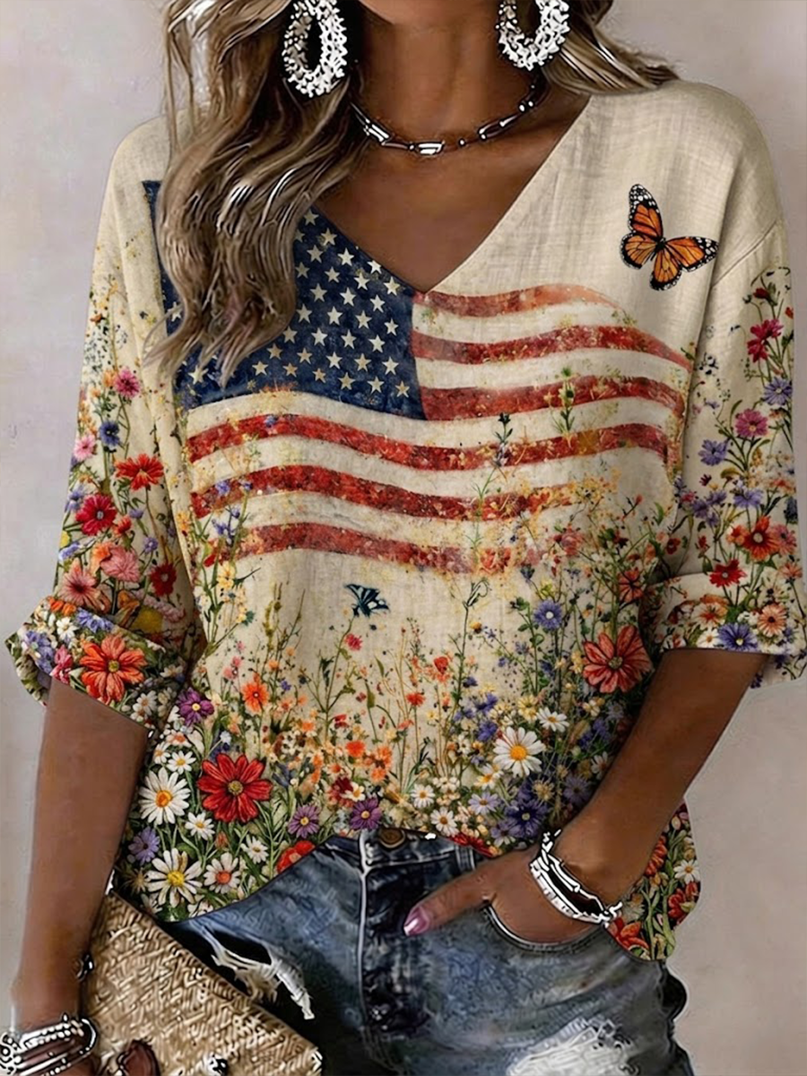 Women's National Flag Floral Print Linen Short-sleeved T-shirt