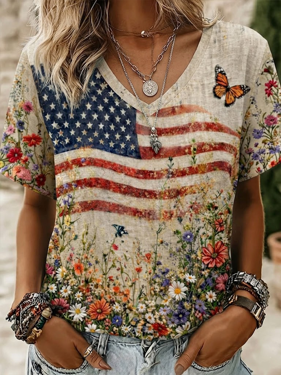 Women's National Flag Floral Print Linen Short-sleeved T-shirt