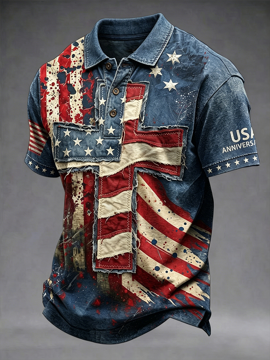 Men's Retro Independence Day Flag Pattern Casual Short Sleeve Top