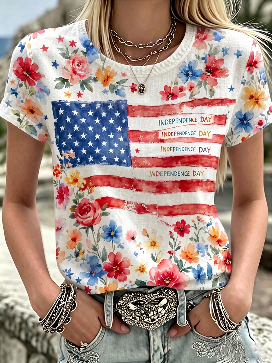Women's Independence Day Flag & Floral Pattern Casual Short Sleeves Top