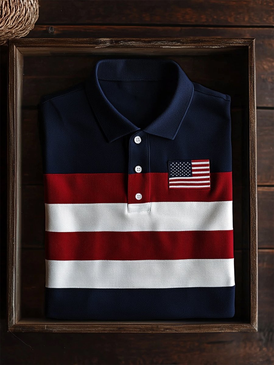 Men's Business Casual Independence Day Striped Button Short Sleeve Pol