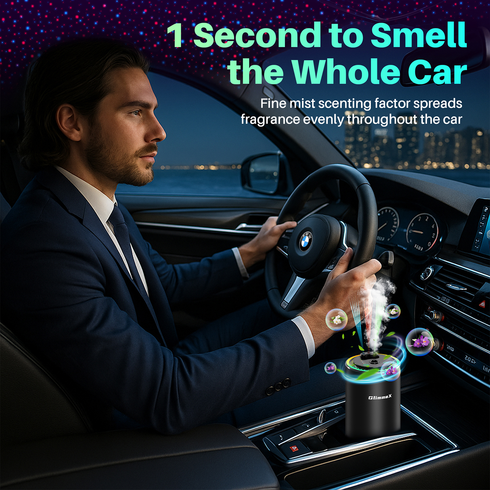 GlimmaX Smart Car Air Freshener,Star Ambiance Roof and Premium Design,Healthy Eco-Friendly Fragrance,Auto On/Off,3 Adjustable Modes,Black Air Freshener Perfect for Car,Bedroom,Office,Restrooms-GlimmaX