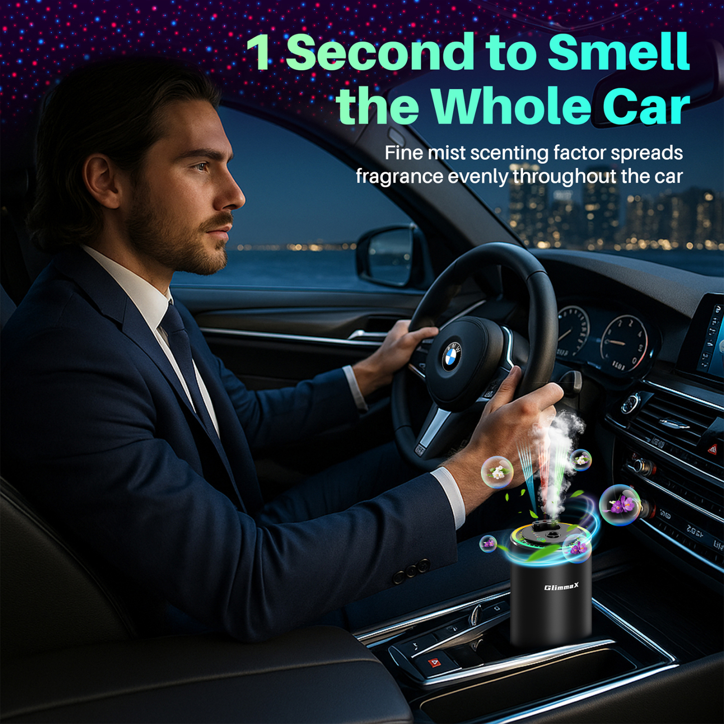 GlimmaX Smart Car Air Freshener,Star Ambiance Roof and Premium Design,Healthy Eco-Friendly Fragrance,Auto On/Off,3 Adjustable Modes,Black Air Freshener Perfect for Car,Bedroom,Office,Restrooms-GlimmaX