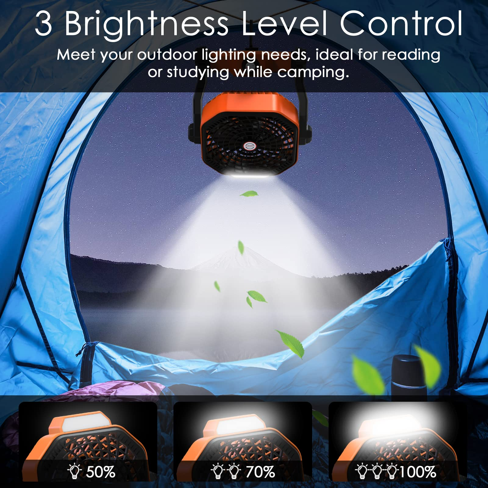 IMPRESIA Camping Ventilator Tragbarer Ventilator Leise mit LED-Licht 10400mAh Wiederaufladbare mit Haken Stufenlose Geschwindigkeitsregelung Ventilator für Outdoor Zelt Schlafzimmer Auto Reisen