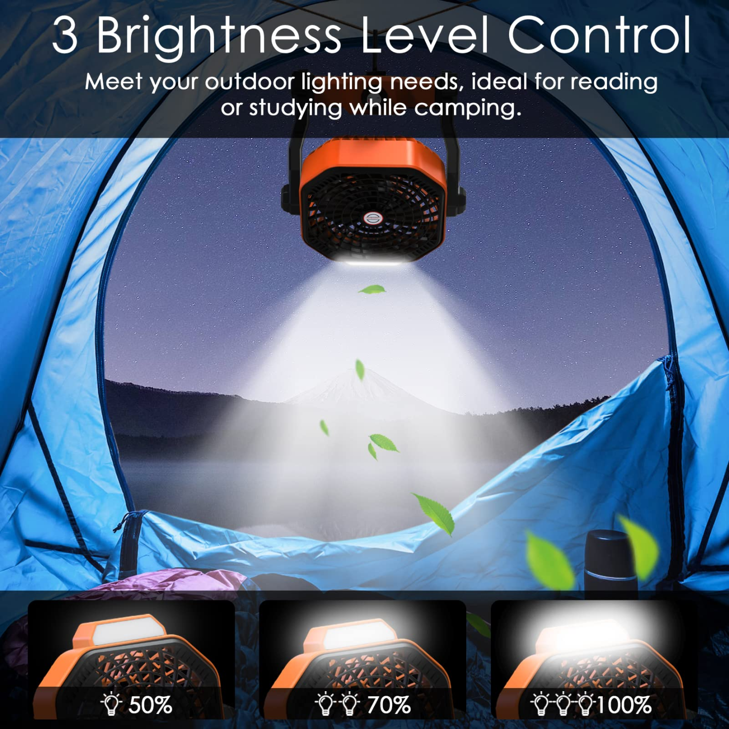 IMPRESIA Camping Ventilator Tragbarer Ventilator Leise mit LED-Licht 10400mAh Wiederaufladbare mit Haken Stufenlose Geschwindigkeitsregelung Ventilator für Outdoor Zelt Schlafzimmer Auto Reisen