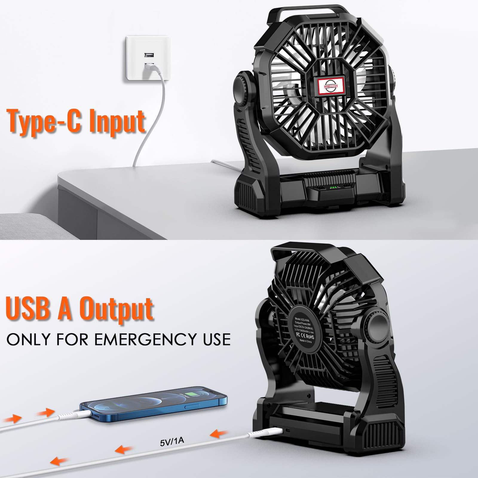 IMPRESIA Camping Akku Ventilator mit 10400mAh Akku Zeltventilator mit Typ-C Eingang USB Ausgang Leise Tragbarer Tischventilator mit LED-Licht und Haken für Outdoor Zelt Reisen Zuhause Büros