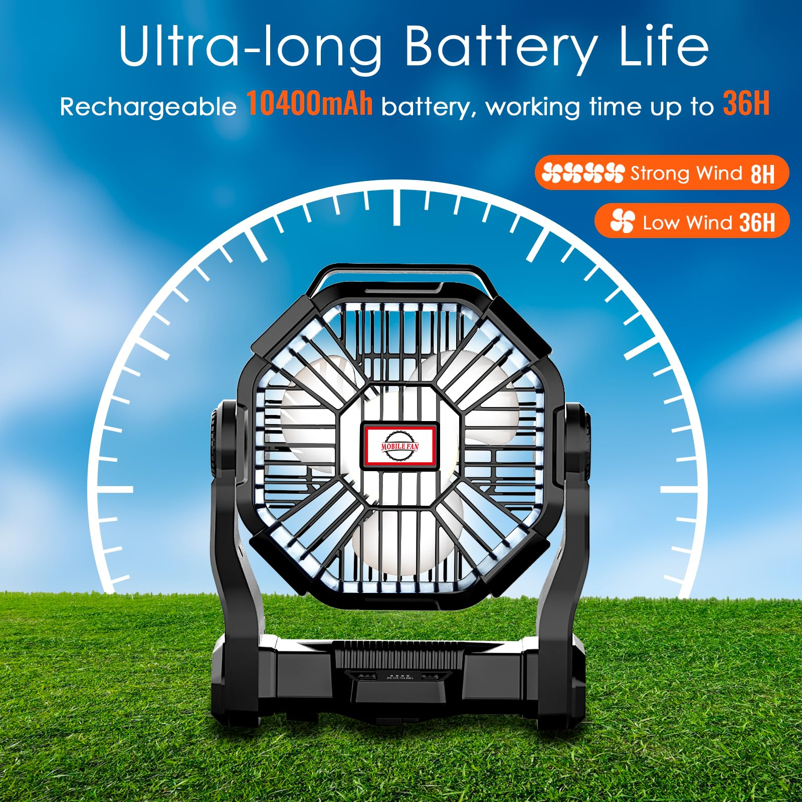 IMPRESIA Camping Akku Ventilator mit 10400mAh Akku Zeltventilator mit Typ-C Eingang USB Ausgang Leise Tragbarer Tischventilator mit LED-Licht und Haken für Outdoor Zelt Reisen Zuhause Büros