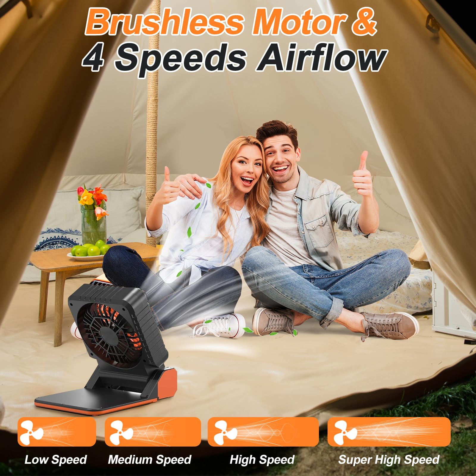 IMPRESIA Camping Ventilator mit Akku 10400mAh, Solar Ventilator Outdoor mit LED-Licht, 4 Geschwindigkeiten Tragbarer Tischventilator Leise, Wiederaufladbarer Zelt Ventilator für Camping Reisen Angeln