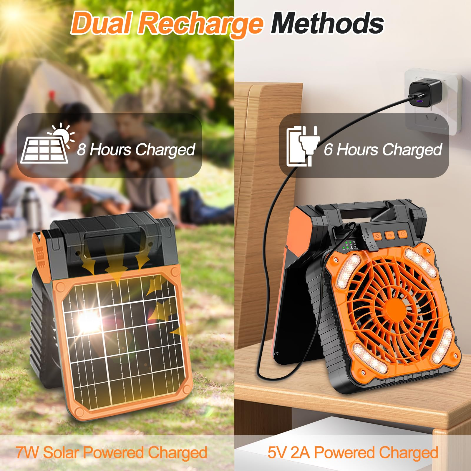 IMPRESIA Camping Ventilator mit Akku 10400mAh, Solar Ventilator Outdoor mit LED-Licht, 4 Geschwindigkeiten Tragbarer Tischventilator Leise, Wiederaufladbarer Zelt Ventilator für Camping Reisen Angeln