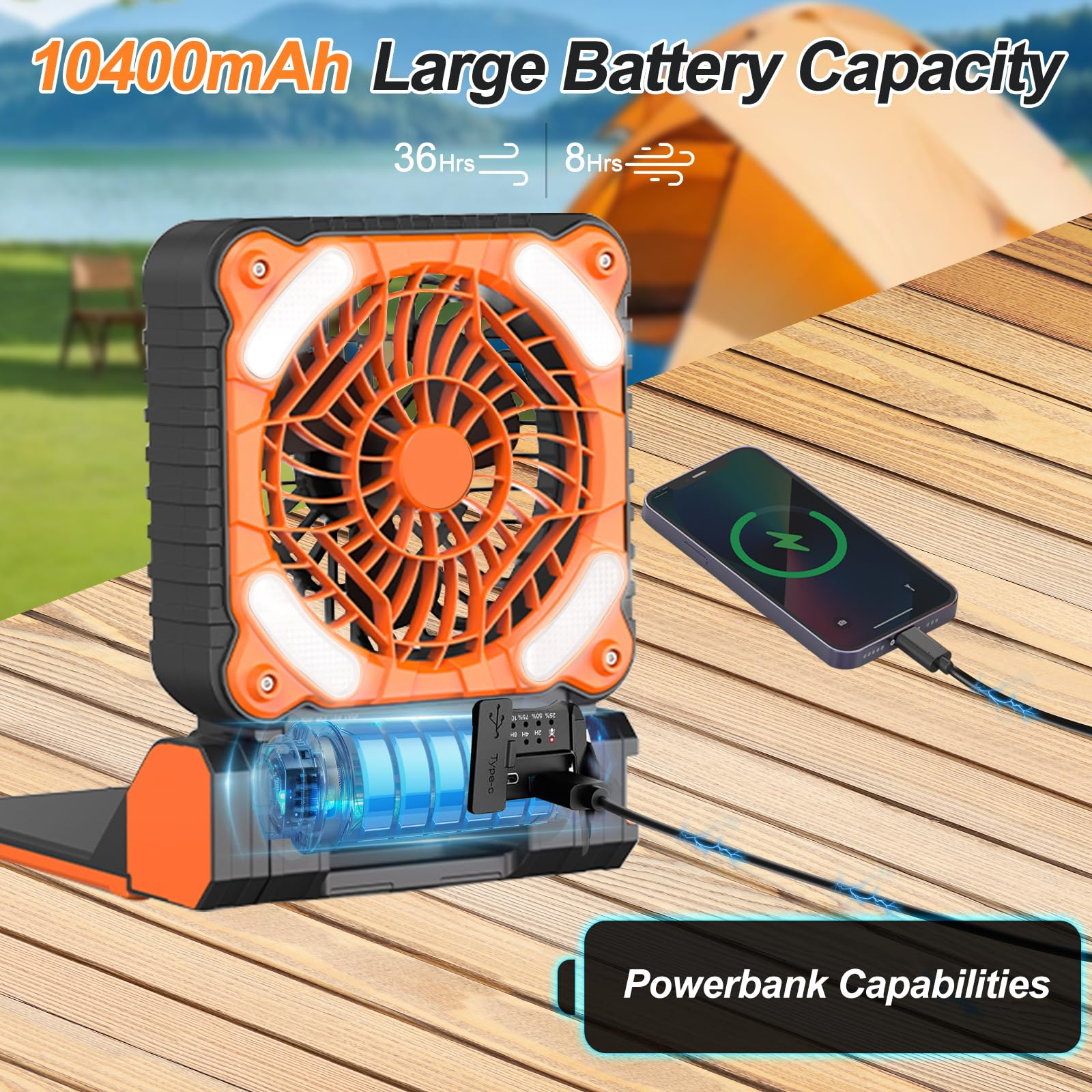 IMPRESIA Camping Ventilator mit Akku 10400mAh, Solar Ventilator Outdoor mit LED-Licht, 4 Geschwindigkeiten Tragbarer Tischventilator Leise, Wiederaufladbarer Zelt Ventilator für Camping Reisen Angeln