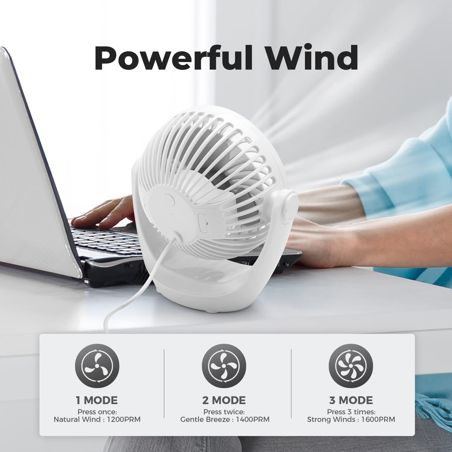 IMPRESIA USB Ventilator, Ventilator klein Tischventilator mit starkem Luftstrom und Leise Betrieb 3 Geschwindigkeiten, 360 ° Drehbarer Kopf, Einfach zu Tragen für Büro, Zuhause und im Freien