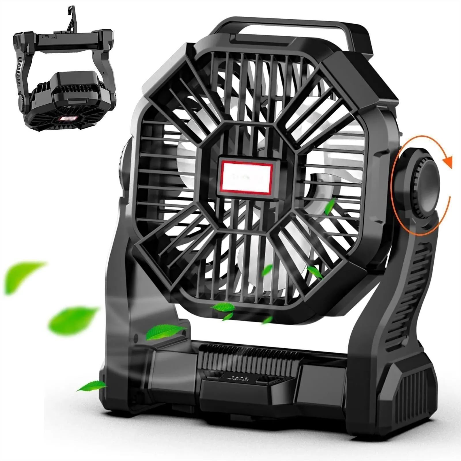 IMPRESIA Camping Akku Ventilator mit 10400mAh Akku Zeltventilator mit Typ-C Eingang USB Ausgang Leise Tragbarer Tischventilator mit LED-Licht und Haken für Outdoor Zelt Reisen Zuhause Büros