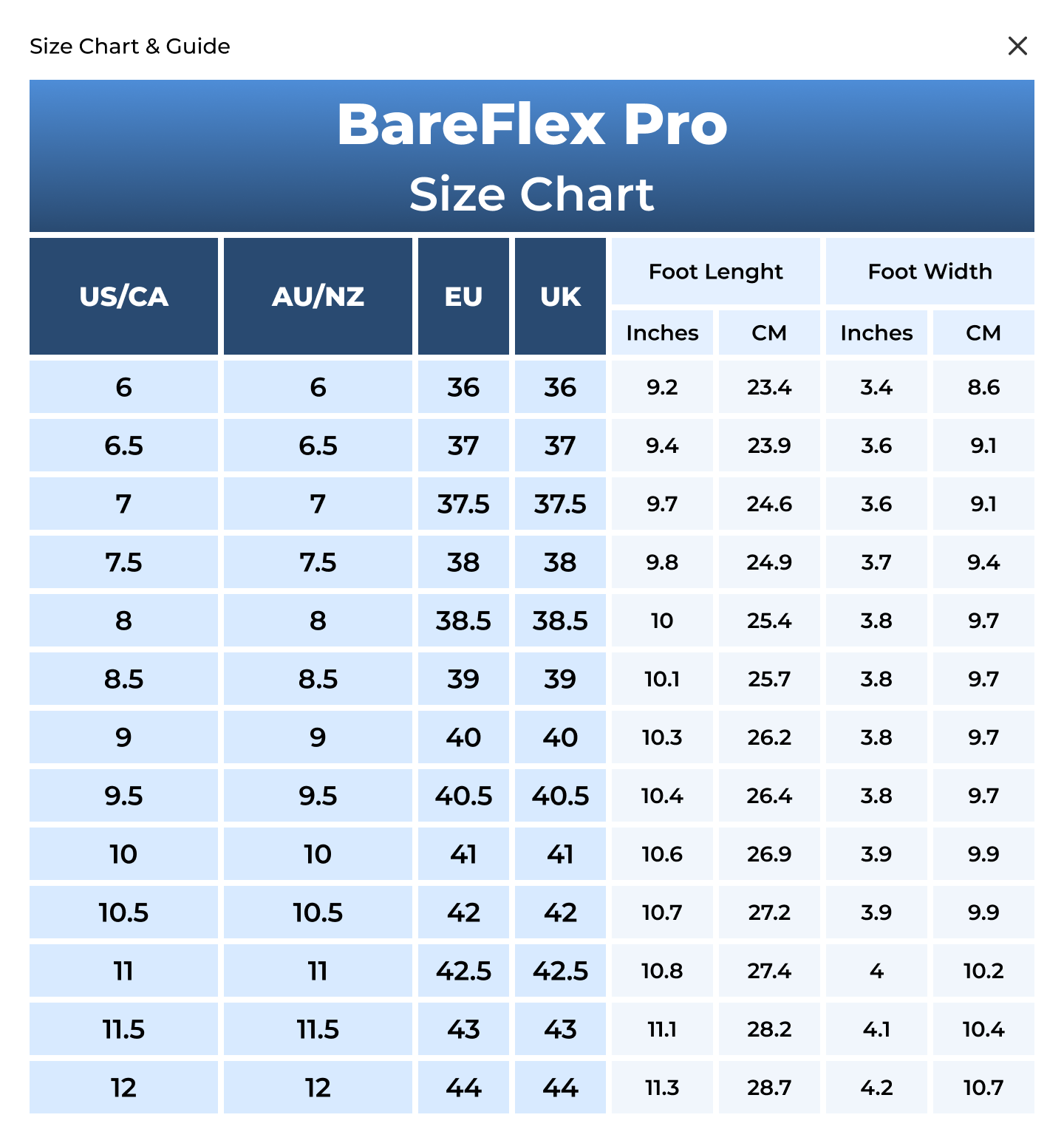 WideStep Size Chart