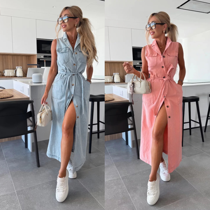 🔥NUOVI SALDI 2025 - 50% DI SCONTO💥Abito in denim tinta unita con tasca con bottone