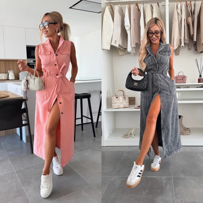 🔥NUOVI SALDI 2025 - 50% DI SCONTO💥Abito in denim tinta unita con tasca con bottone