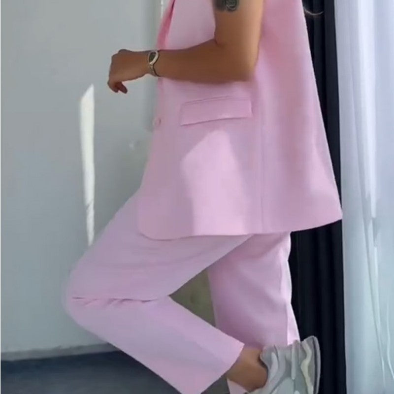 Elegante Set Giacca Senza Maniche & Pantaloni Vita Alta