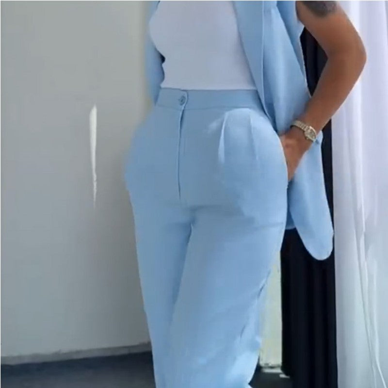 Elegante Set Giacca Senza Maniche & Pantaloni Vita Alta