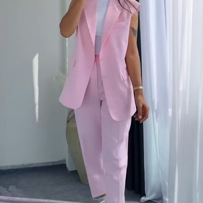 Elegante Set Giacca Senza Maniche & Pantaloni Vita Alta