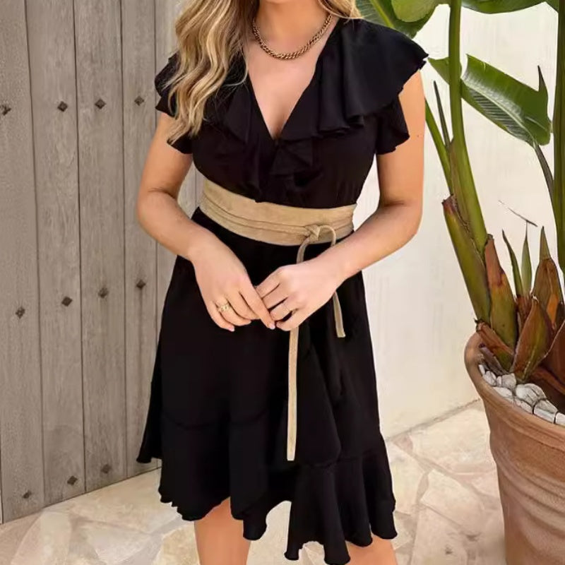 ❤️Nuovi prodotti 2025❤️Abito elegante da donna con volant, scollo a V e cintura annodata