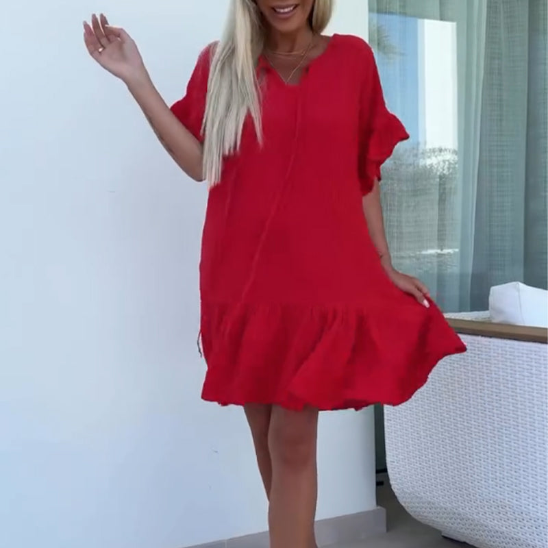 Kurze Kleider für Damen mit Blumenbesatz und kurzen Ärmeln in Volltonfarbe