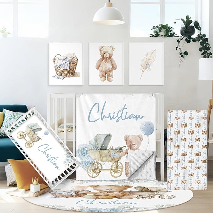 Personalized Baby Crib Bedding Set, 5 Pcs Custom Name Nursery Bedding Set for Boys Girls