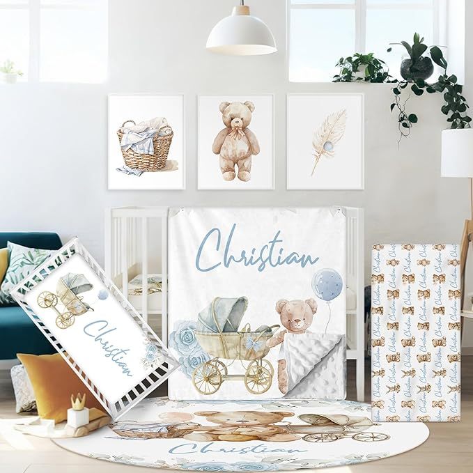 Personalized Baby Crib Bedding Set, 5 Pcs Custom Name Nursery Bedding Set for Boys Girls
